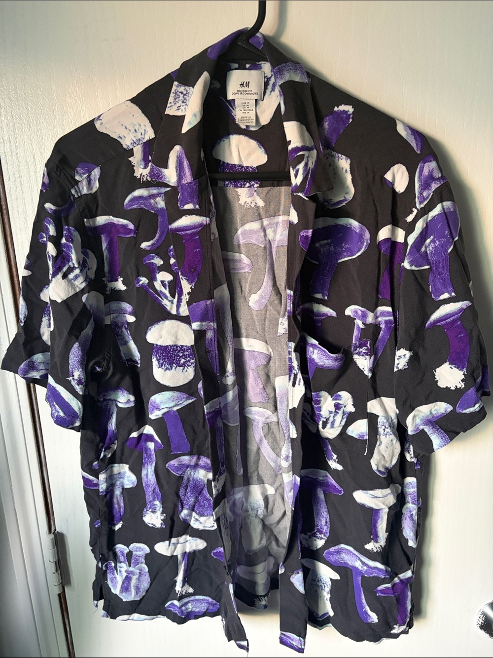 H&M Relaxed Fit Button-Up Black Shirt with Purple & White Mushroom Print